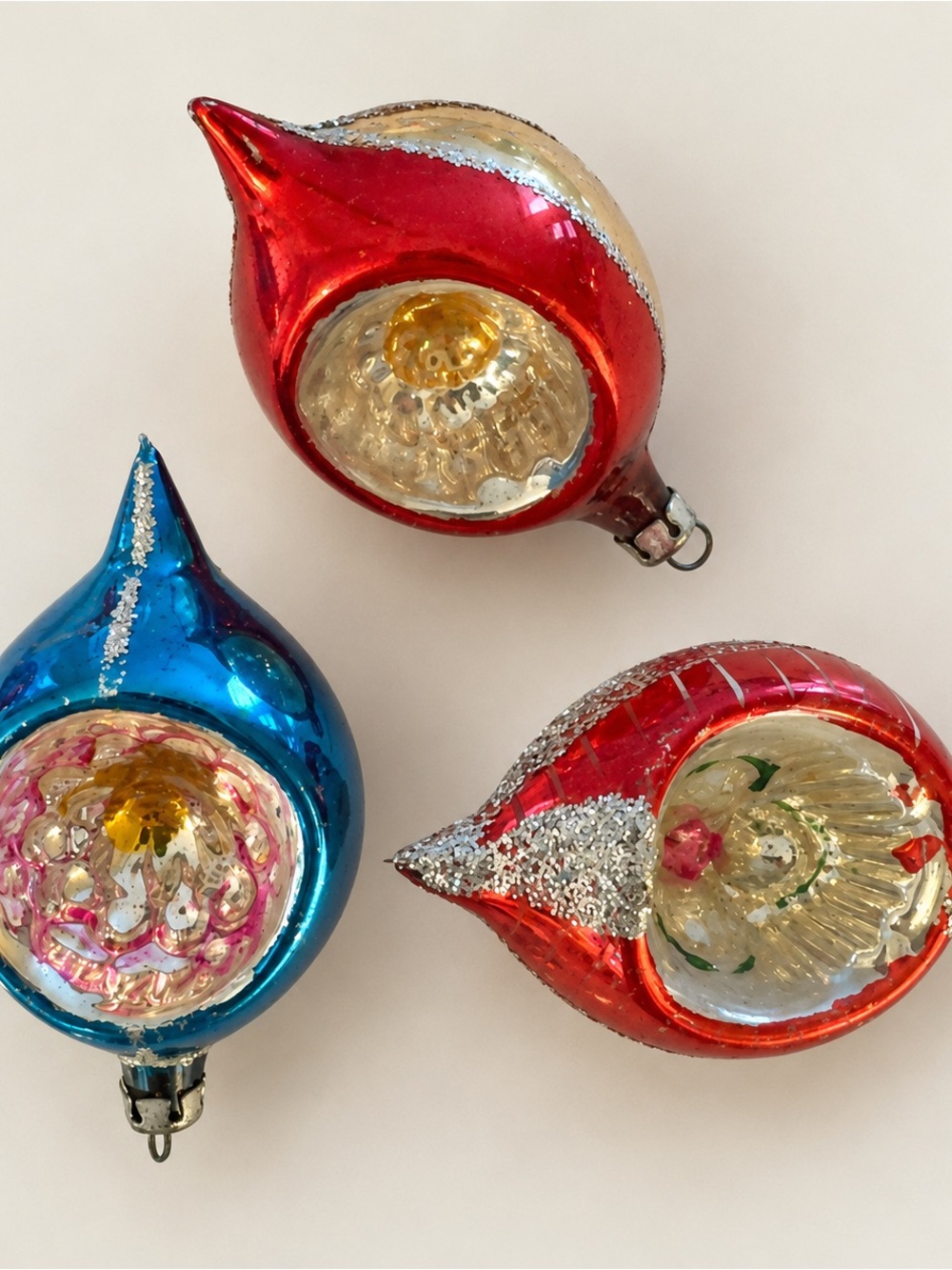 Vintage-Inspired Red and Blue Glass Holiday Ornaments - Set of 3